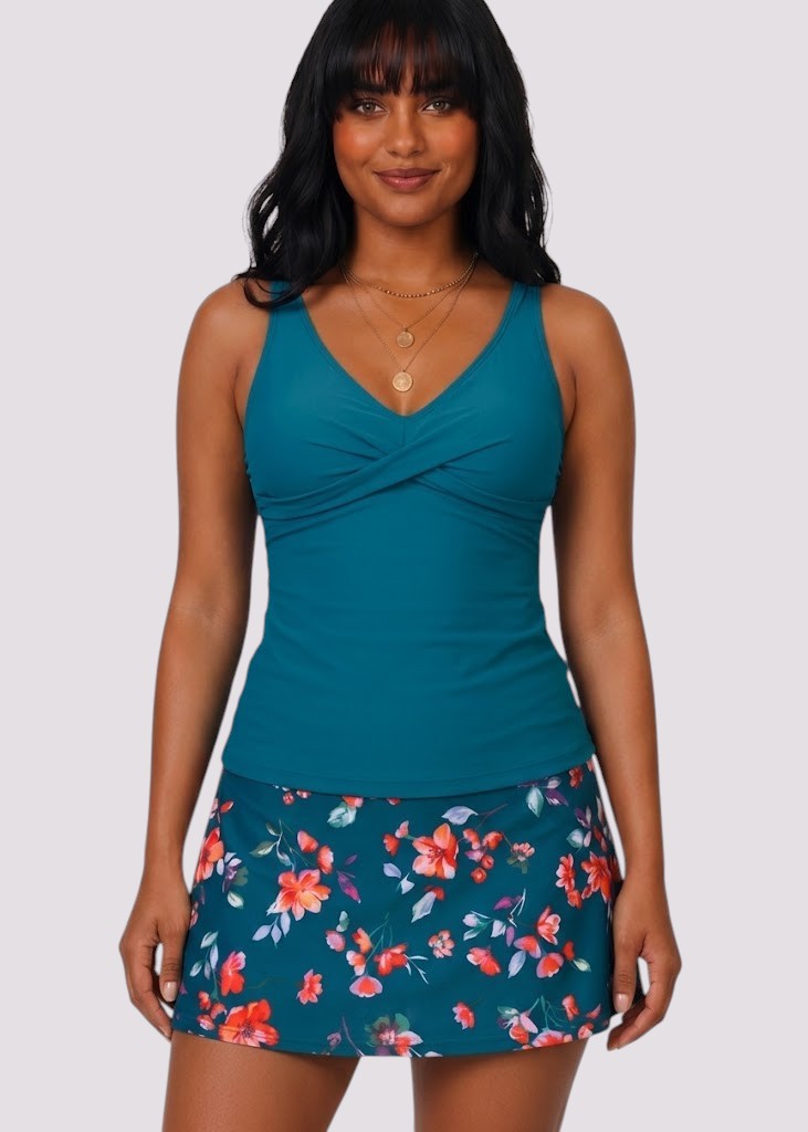 Twist Front Tankini Set with Skirt - Seaside Posy