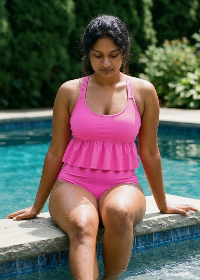 Ruffle Hem High Waisted Bikini Set - Pink-Cheekkah