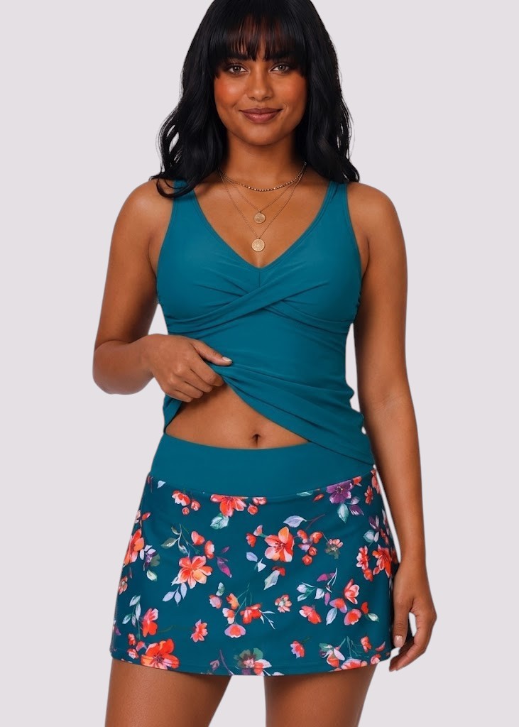 Twist Front Tankini Set with Skirt - Seaside Posy