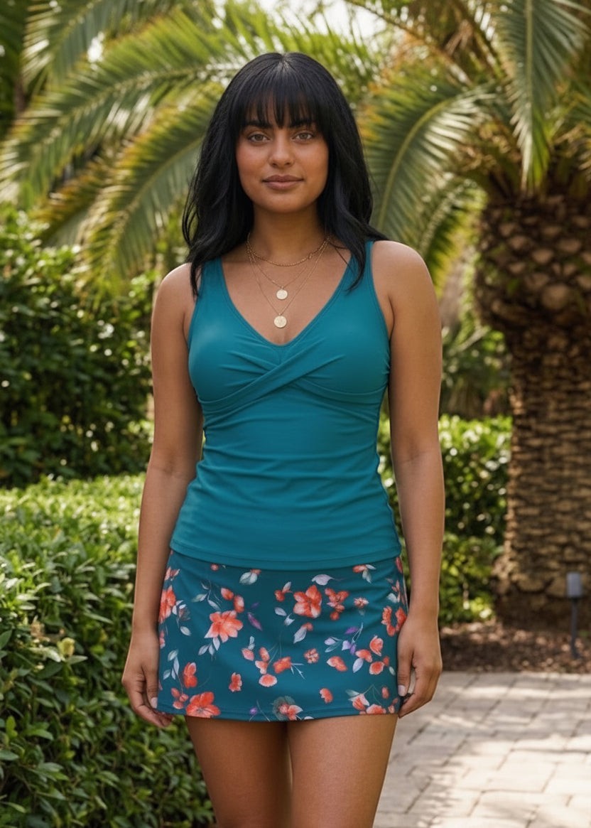 Twist Front Tankini Set with Skirt - Seaside Posy