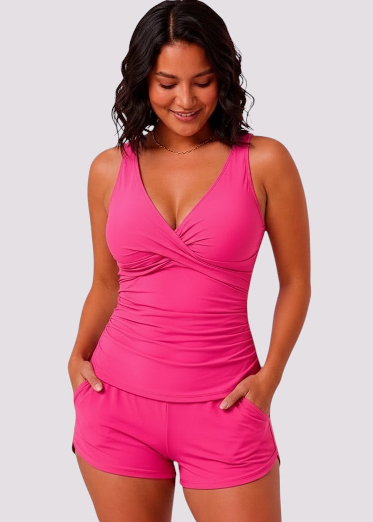 Twist Front Ruched Tankini Set with Shorts - Pink