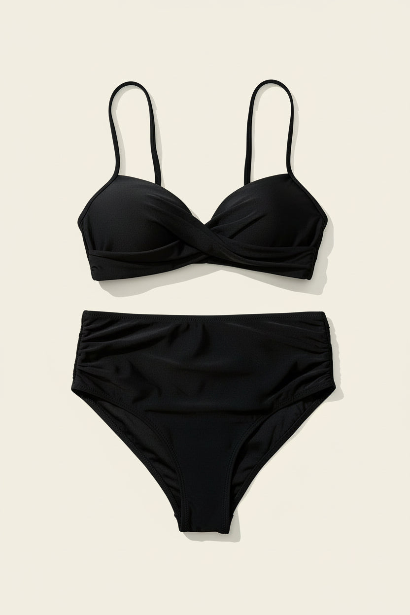Twist Front Push Up High Waisted Bikini Set - Black