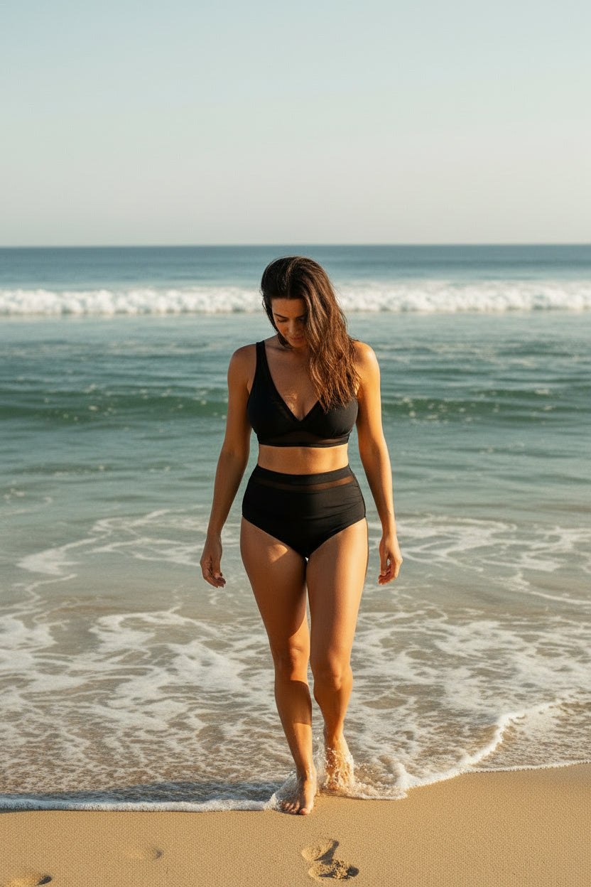 High Waisted Mesh V Neck Bikini Set - Black