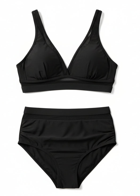 High Waisted Mesh V Neck Bikini Set - Black