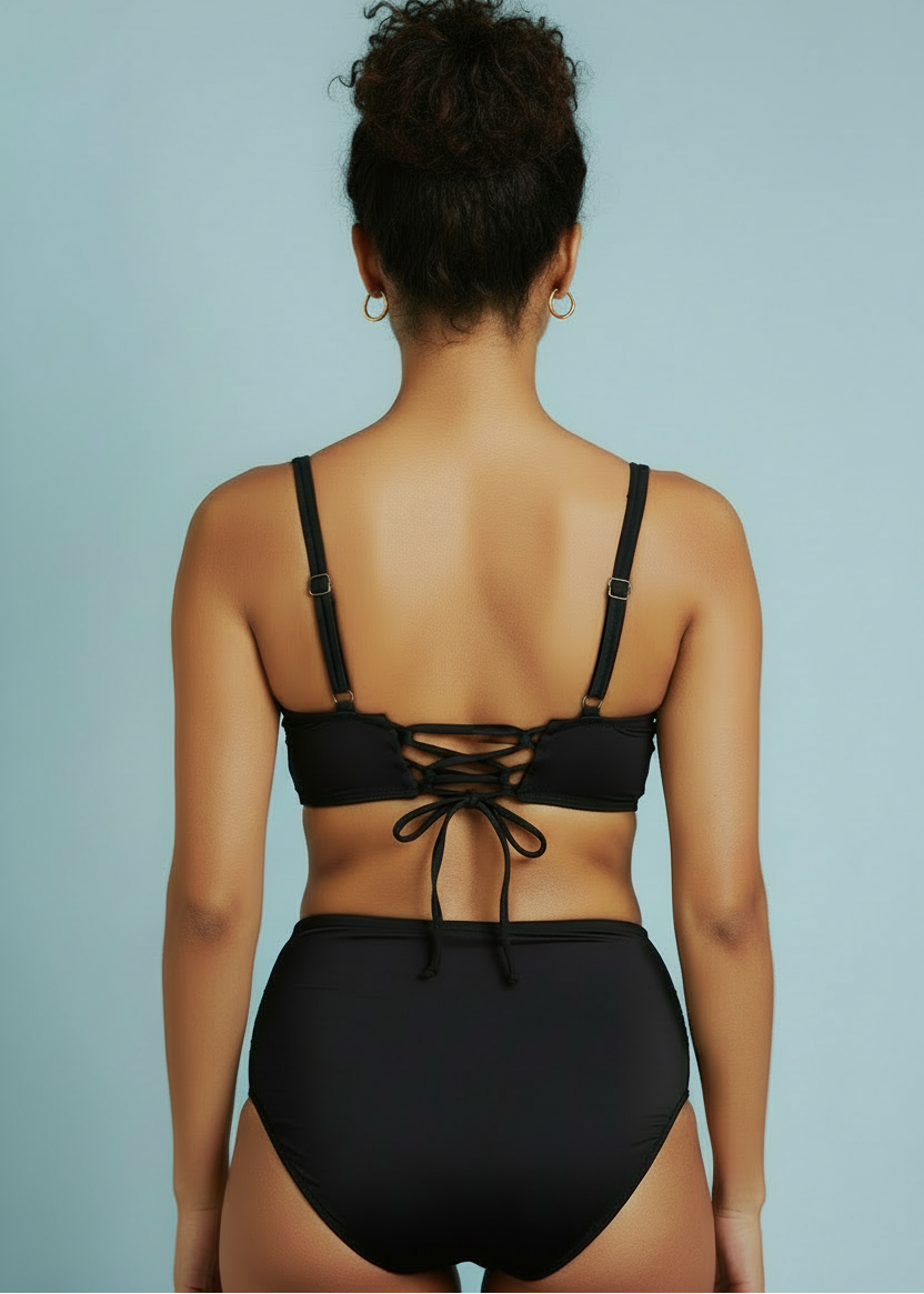Cross Over High Waisted Bikini Set with Lace Up Back - Black