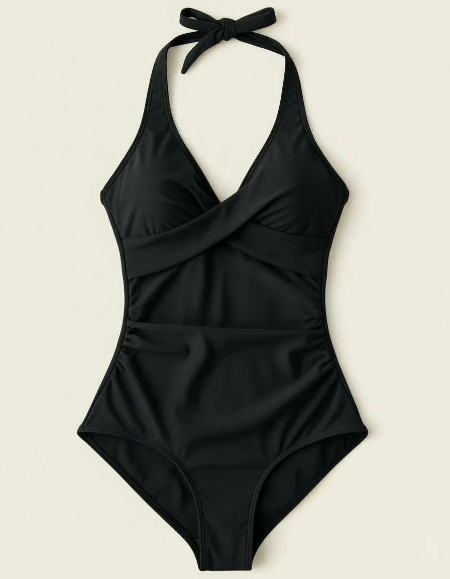 Sexy plain color padded deep v halter-neck one-piece swimwear