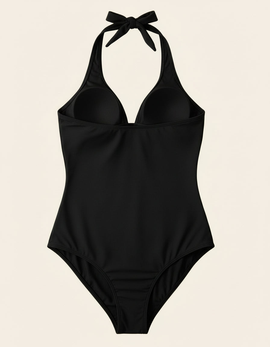 Sexy plain color padded deep v halter-neck one-piece swimwear