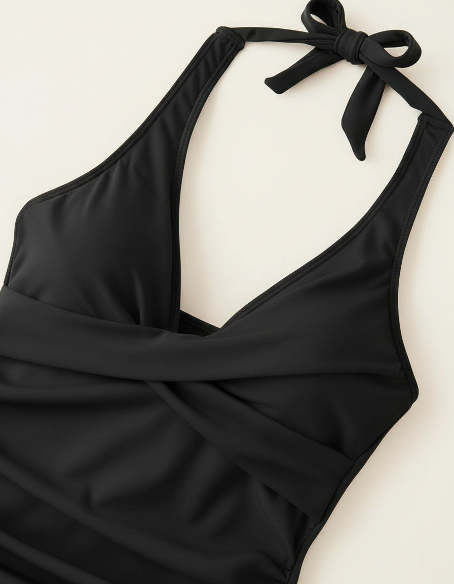 Sexy plain color padded deep v halter-neck one-piece swimwear