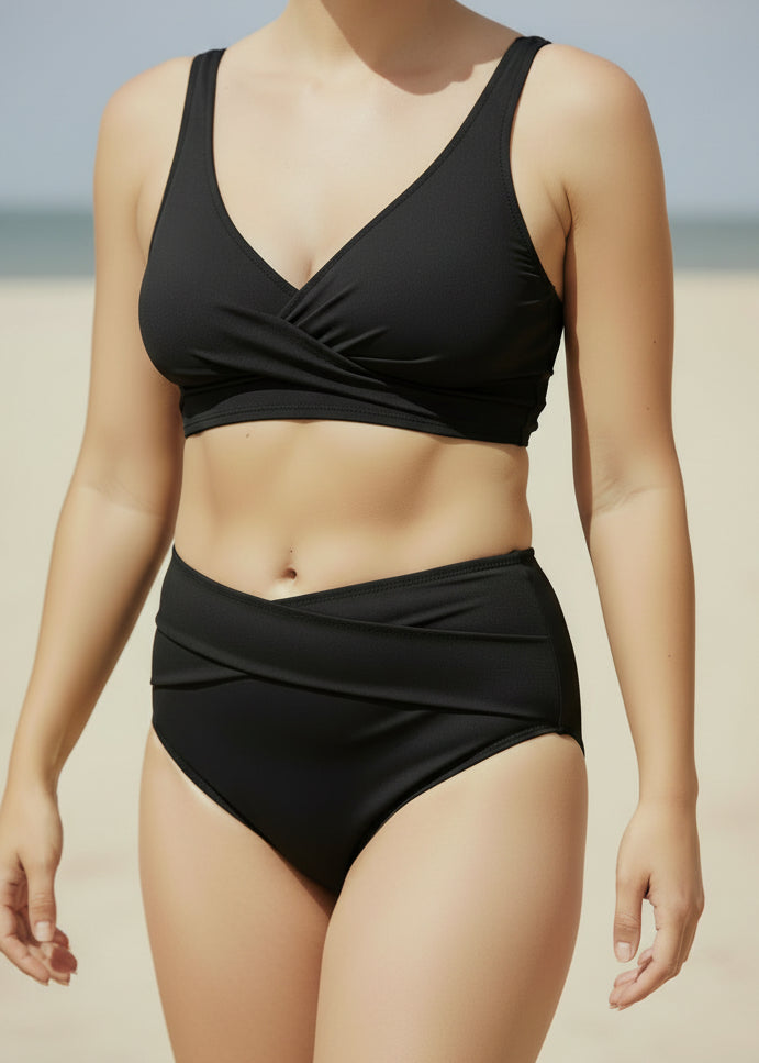Double Ruched High Waisted Cross Over Bikini Set - Black