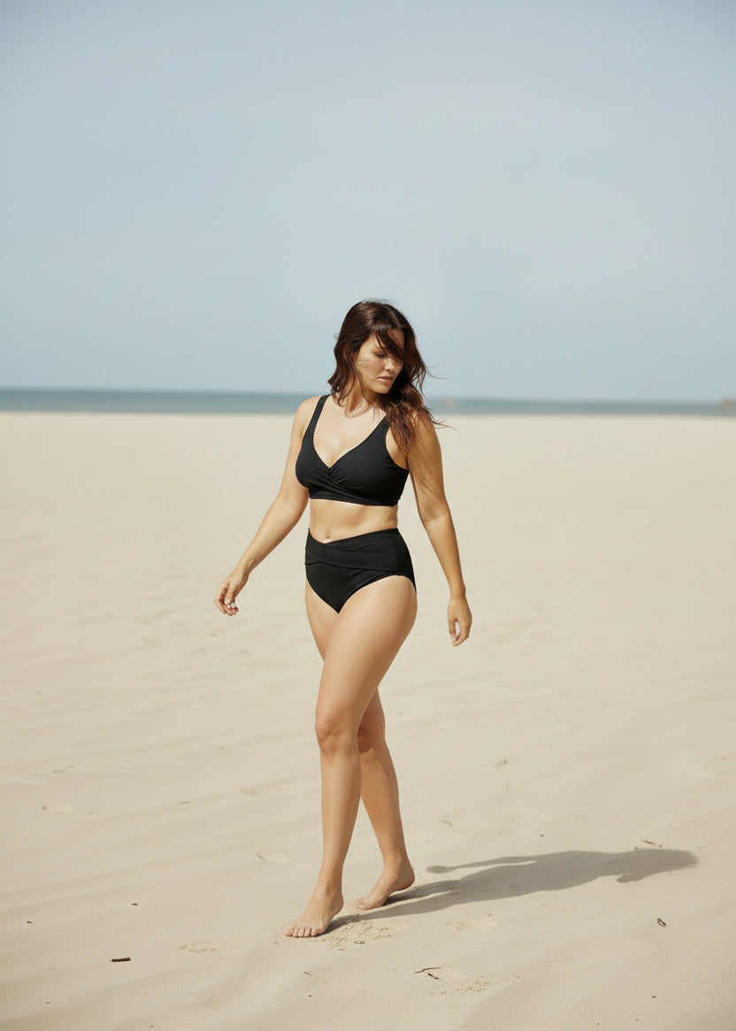 Double Ruched High Waisted Cross Over Bikini Set - Black