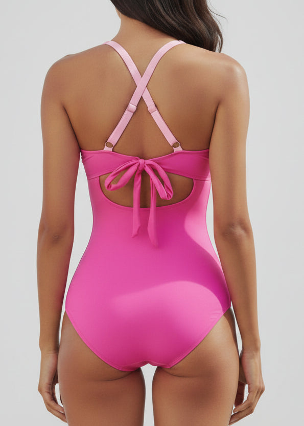 High Neck One Piece with Front Buckle - Pink