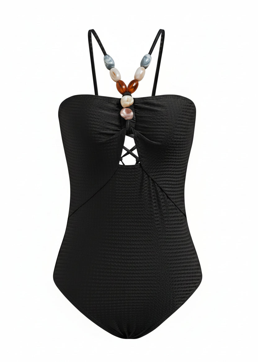 Bandeau Earthstone Textured One Piece - Black-Cheekkah