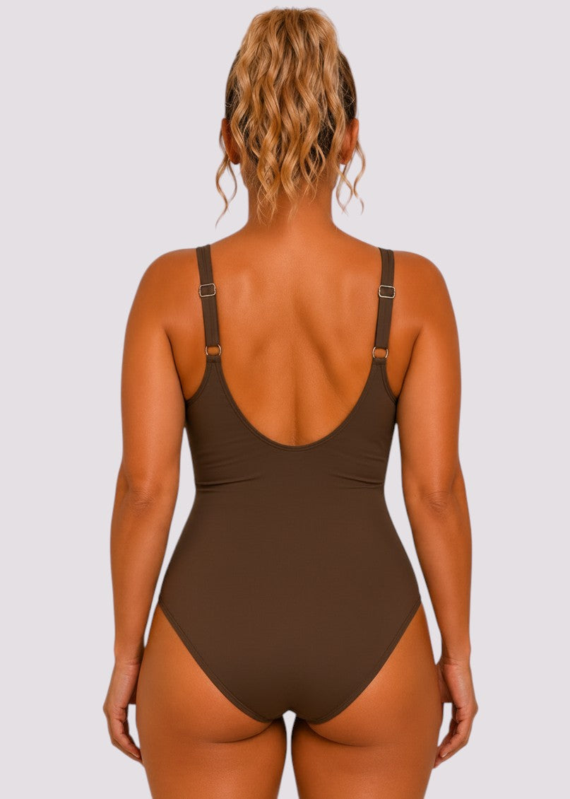 Twist Front Tummy Control One Piece - Brown