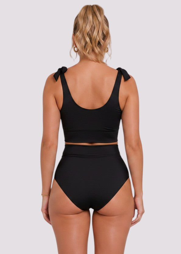 Tie Shoulder High Waisted Bikini Set - Black-Cheekkah