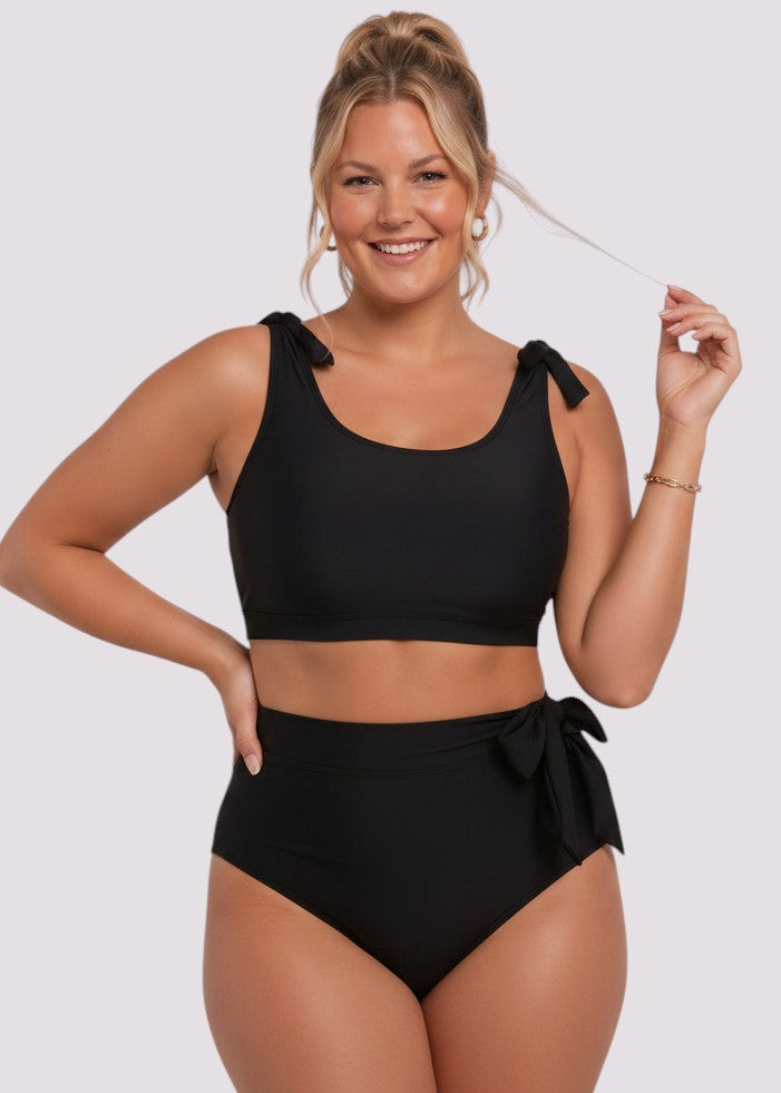Tie Shoulder High Waisted Bikini Set - Black-Cheekkah
