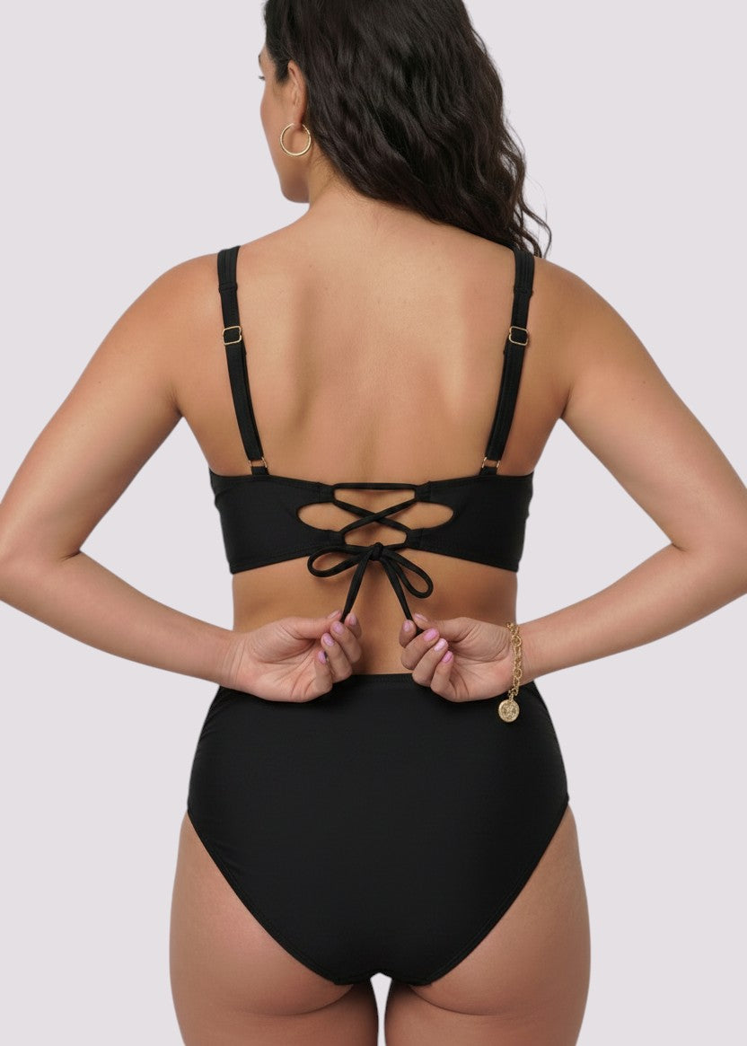 Cross Over High Waisted Bikini Set with Lace Up Back - Black-Cheekkah