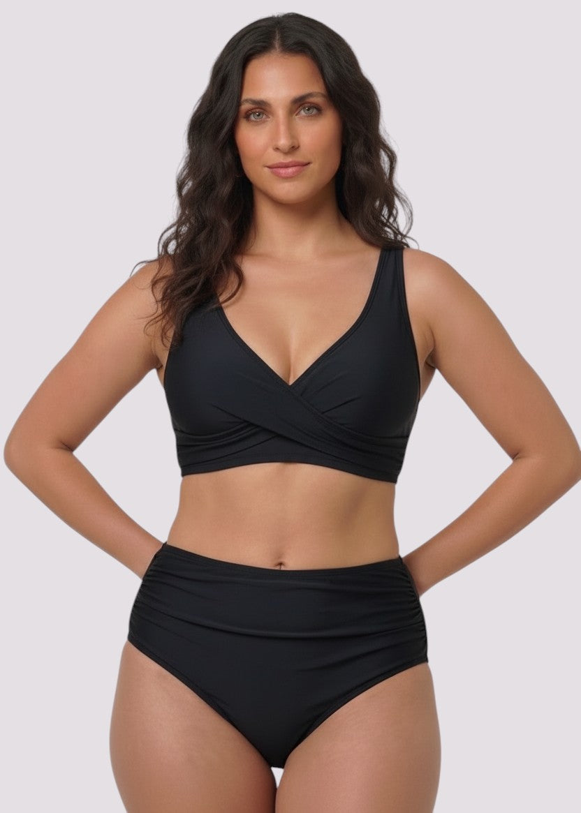 Cross Over High Waisted Bikini Set with Lace Up Back - Black-Cheekkah