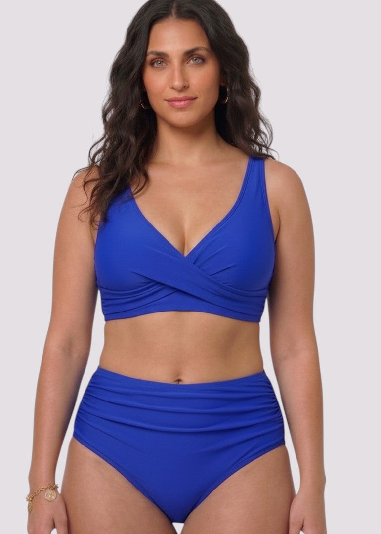 Cross Over High Waisted Bikini Set with Lace Up Back - Blue-Cheekkah