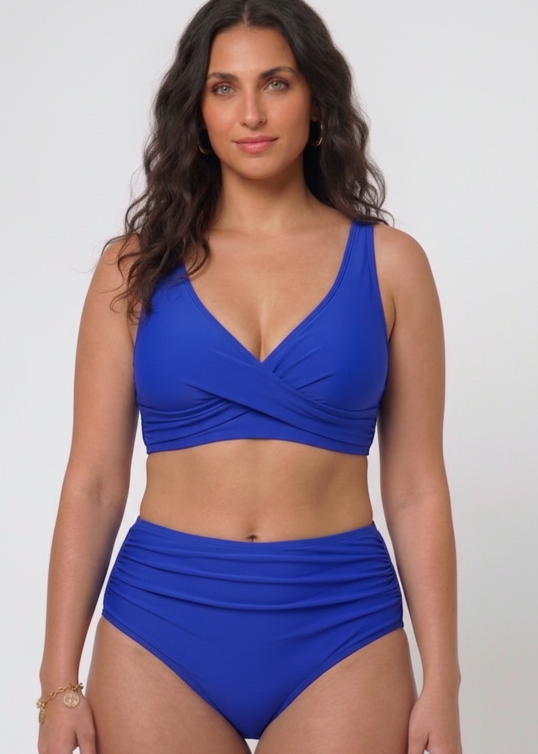 Cross Over High Waisted Bikini Set with Lace Up Back - Blue-Cheekkah