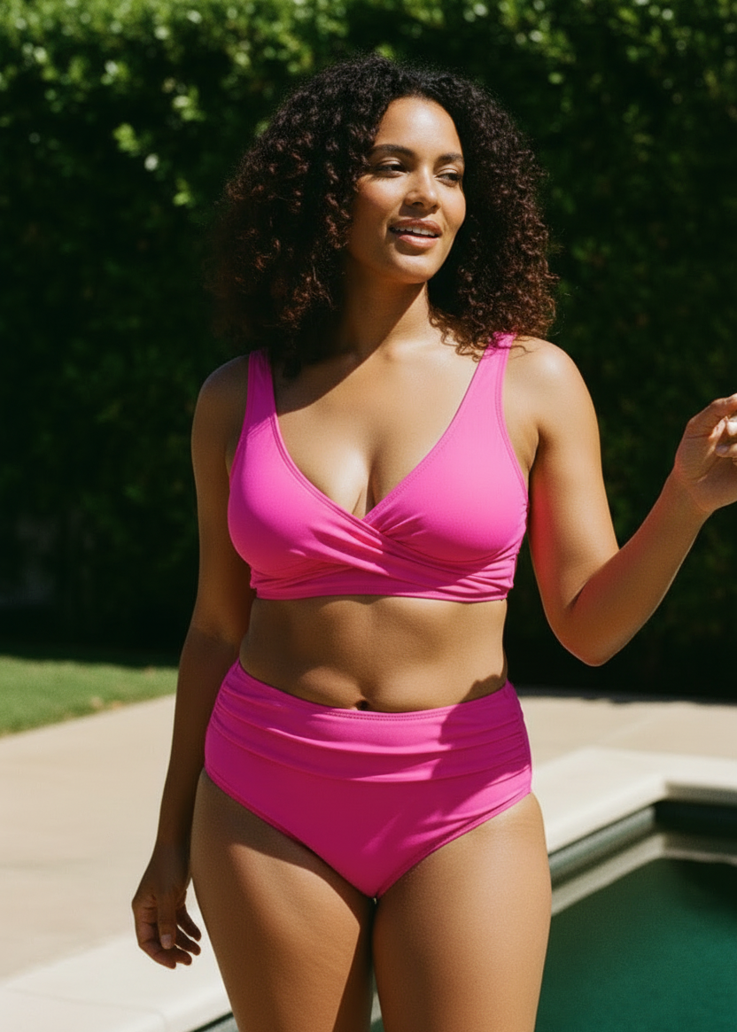 Cross Over High Waisted Bikini Set with Lace Up Back - Pink-Cheekkah
