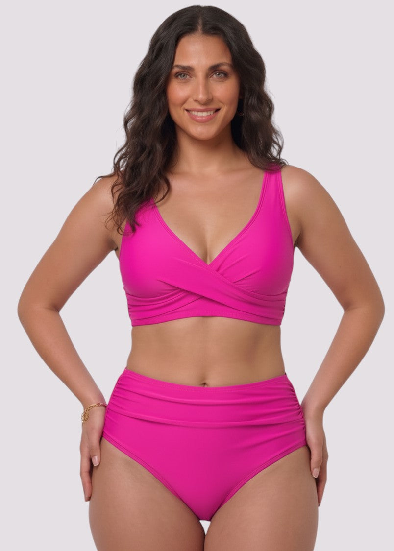 Cross Over High Waisted Bikini Set with Lace Up Back - Pink-Cheekkah