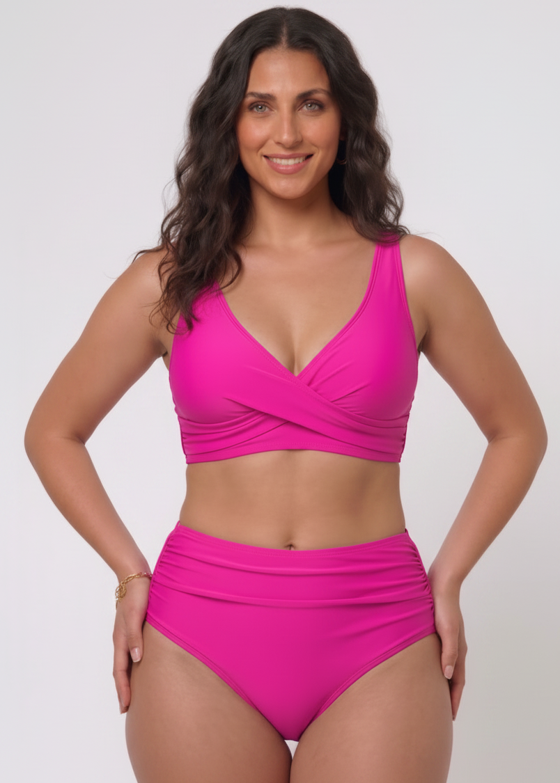 Cross Over High Waisted Bikini Set with Lace Up Back - Pink-Cheekkah