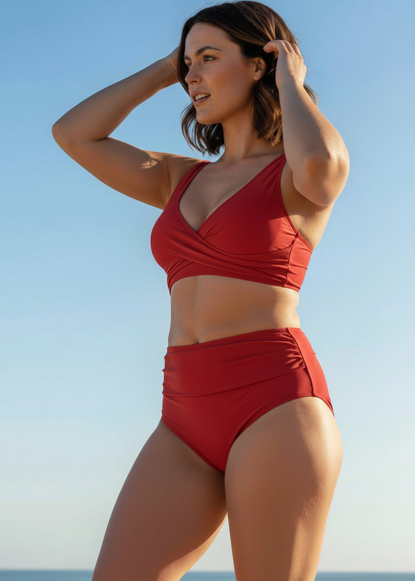 Cross Over High Waisted Bikini Set with Lace Up Back - Red-Cheekkah