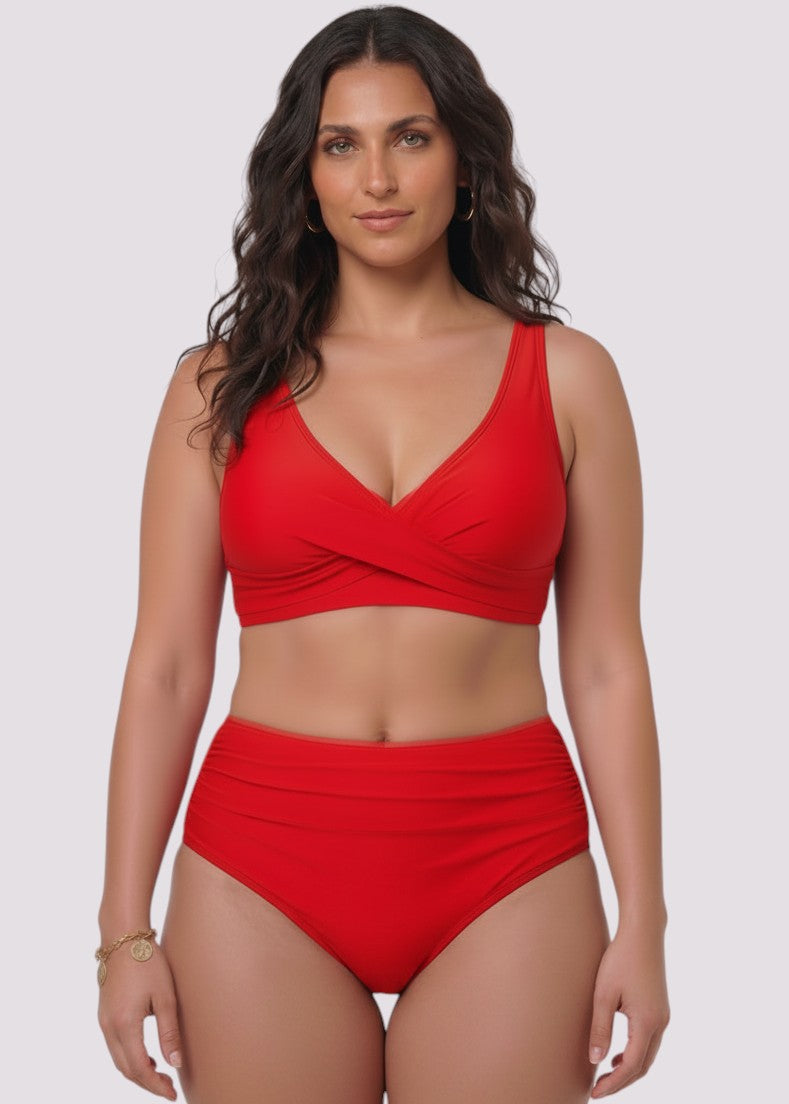Cross Over High Waisted Bikini Set with Lace Up Back - Red-Cheekkah