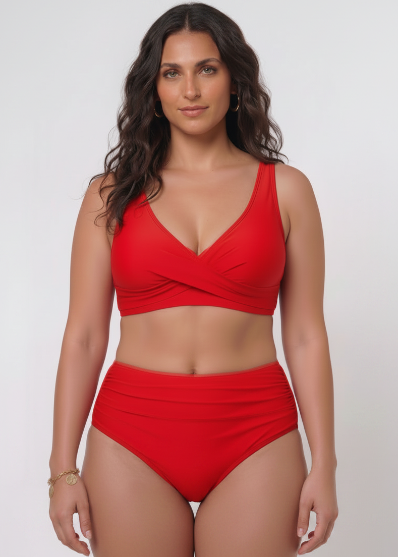 Cross Over High Waisted Bikini Set with Lace Up Back - Red-Cheekkah
