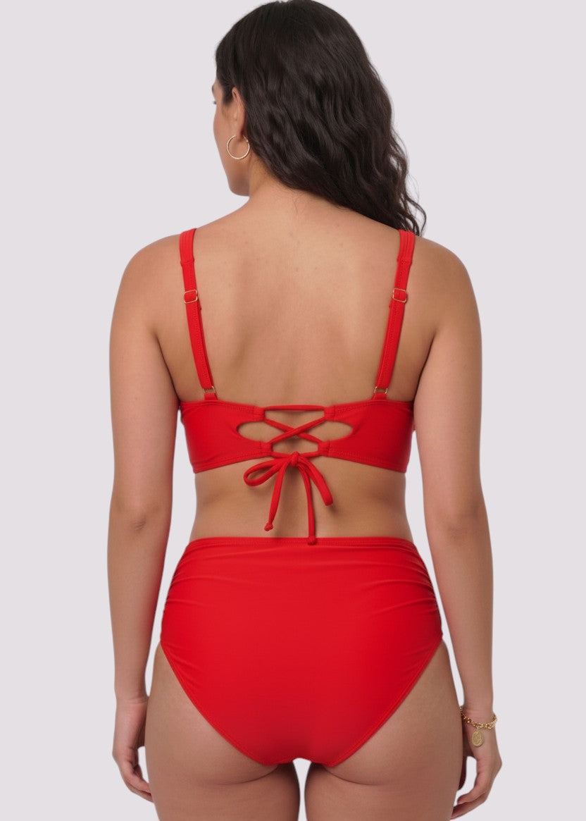 Cross Over High Waisted Bikini Set with Lace Up Back - Red-Cheekkah