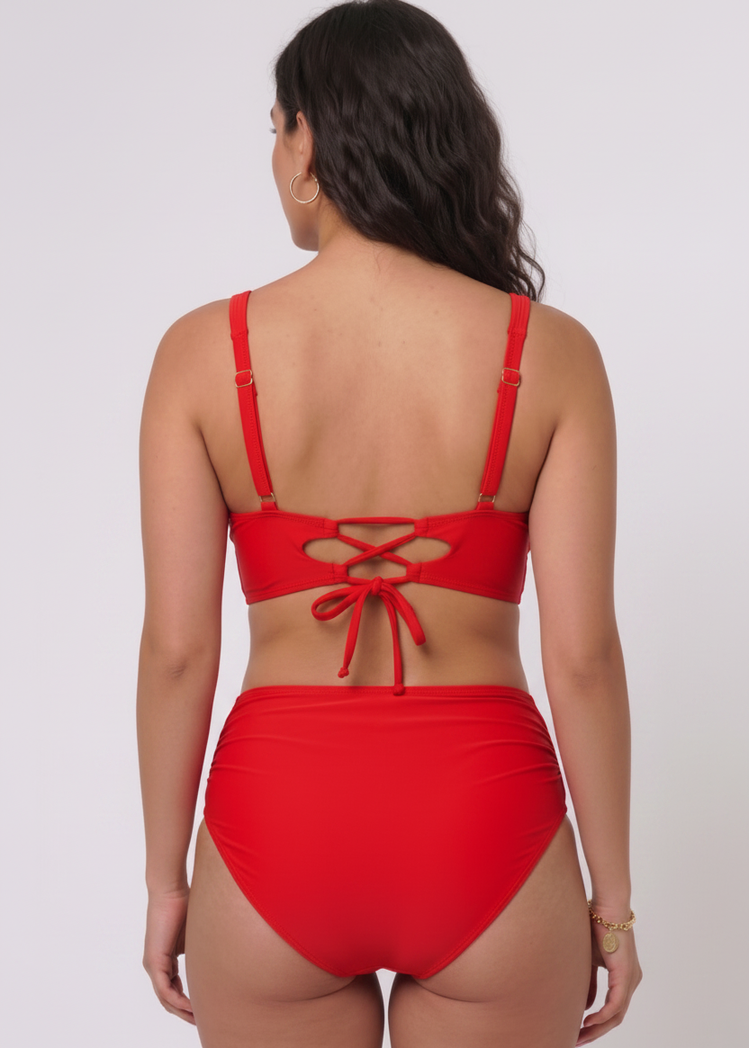 Cross Over High Waisted Bikini Set with Lace Up Back - Red-Cheekkah