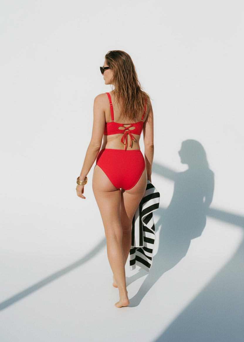 Cross Over High Waisted Bikini Set with Lace Up Back - Red-Cheekkah