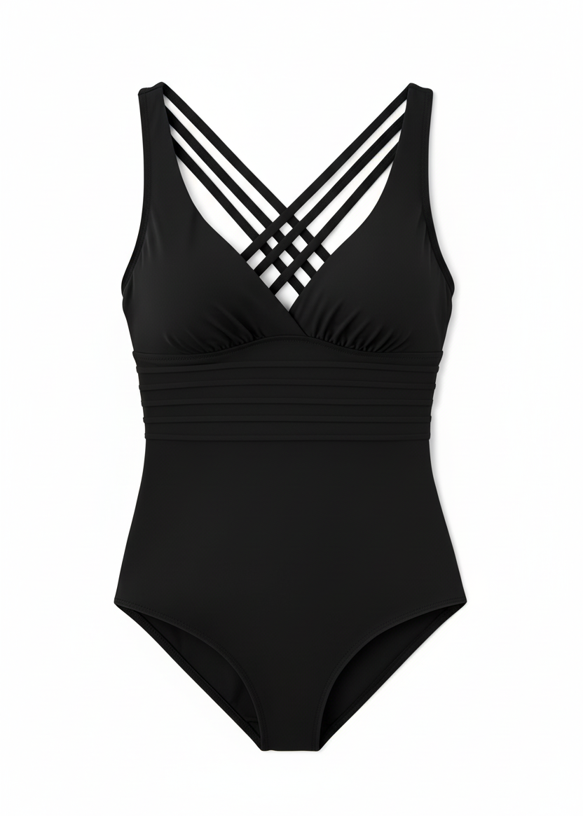 Cross Over Tummy Control One Piece with Criss Cross Back - Black-Cheekkah