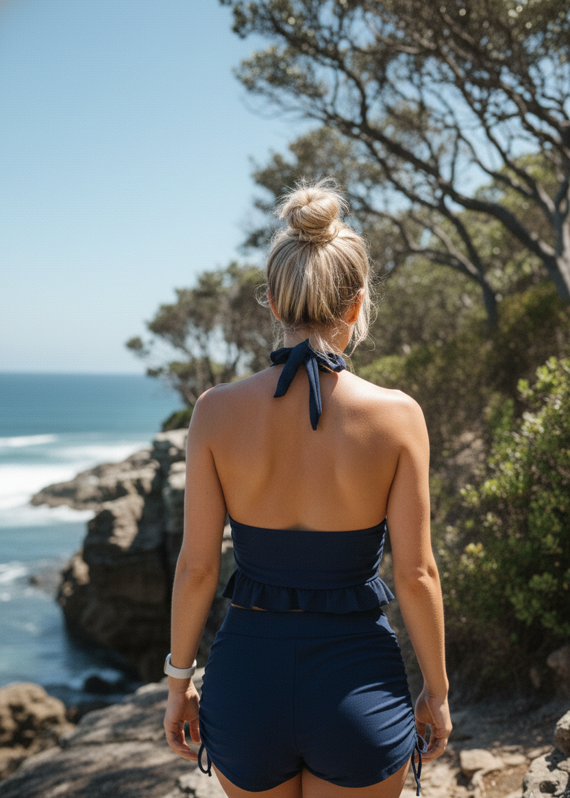 Deep V Ruffle Halter with Tie Side Shorties - Navy-Cheekkah