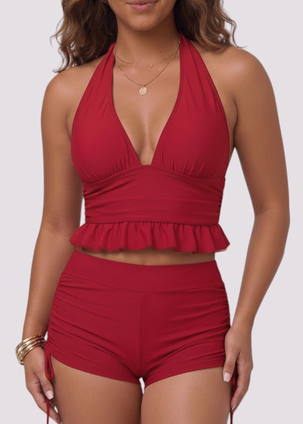 Deep V Ruffle Halter with Tie Side Shorties - Red-Cheekkah