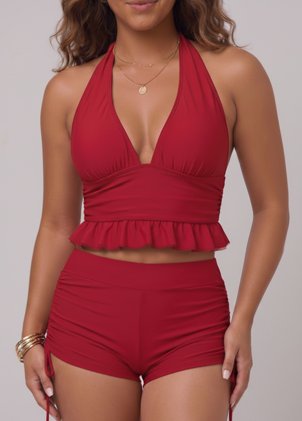 Deep V Ruffle Halter with Tie Side Shorties - Red-Cheekkah