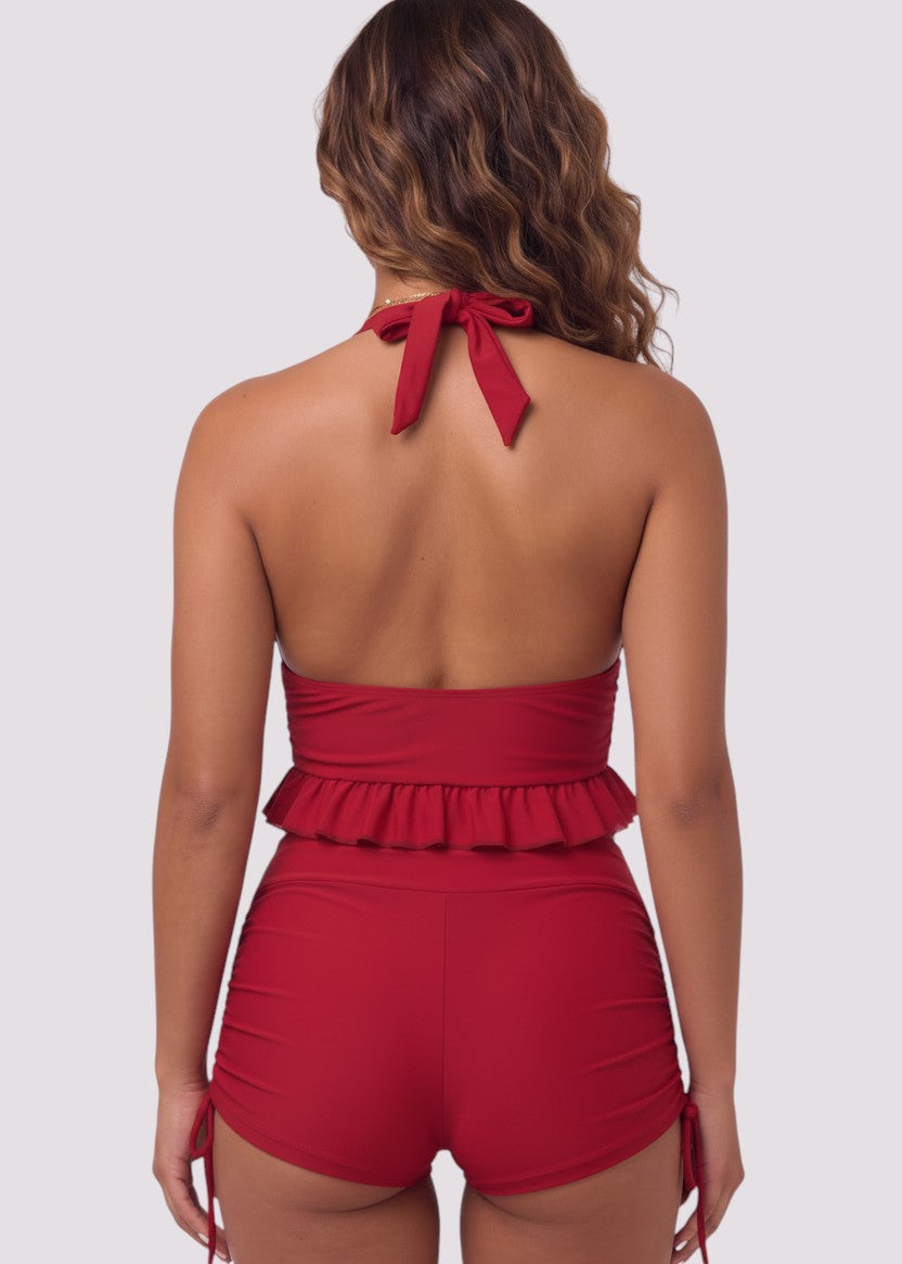 Deep V Ruffle Halter with Tie Side Shorties - Red-Cheekkah