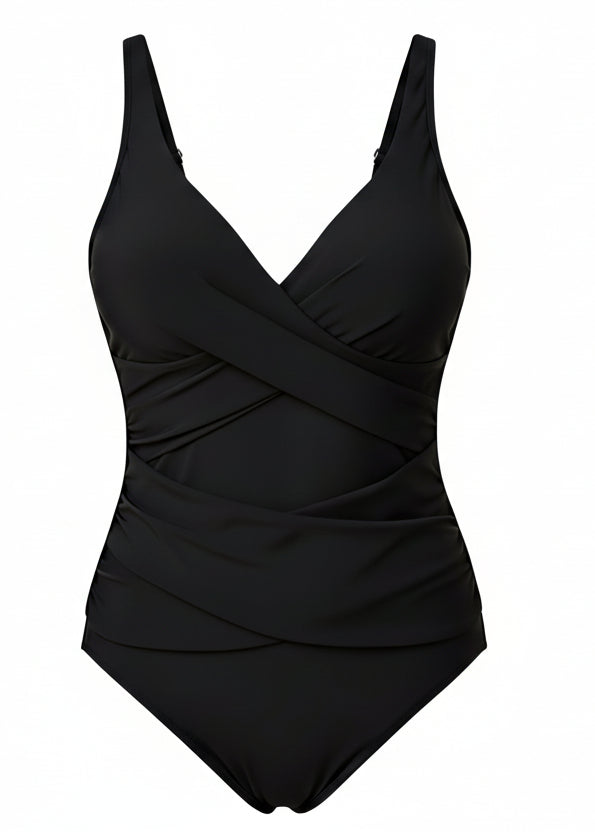 Double Ruche Cross-Over One Piece - Black-Cheekkah