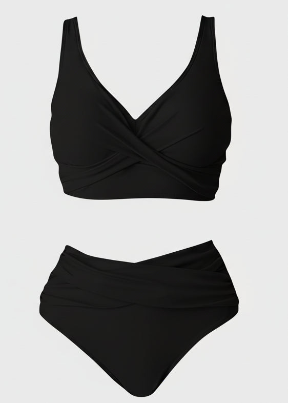 Double Ruched High Waisted Cross Over Bikini Set - Black-Cheekkah