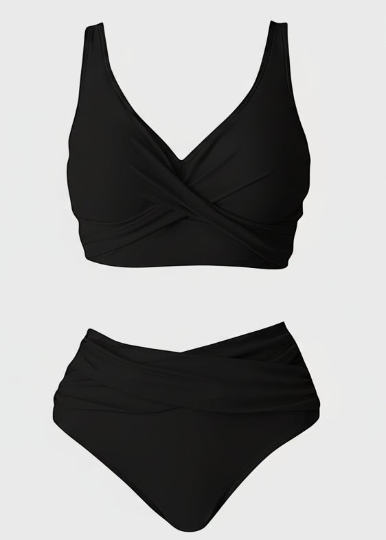 Double Ruched High Waisted Cross Over Bikini Set - Black-Cheekkah