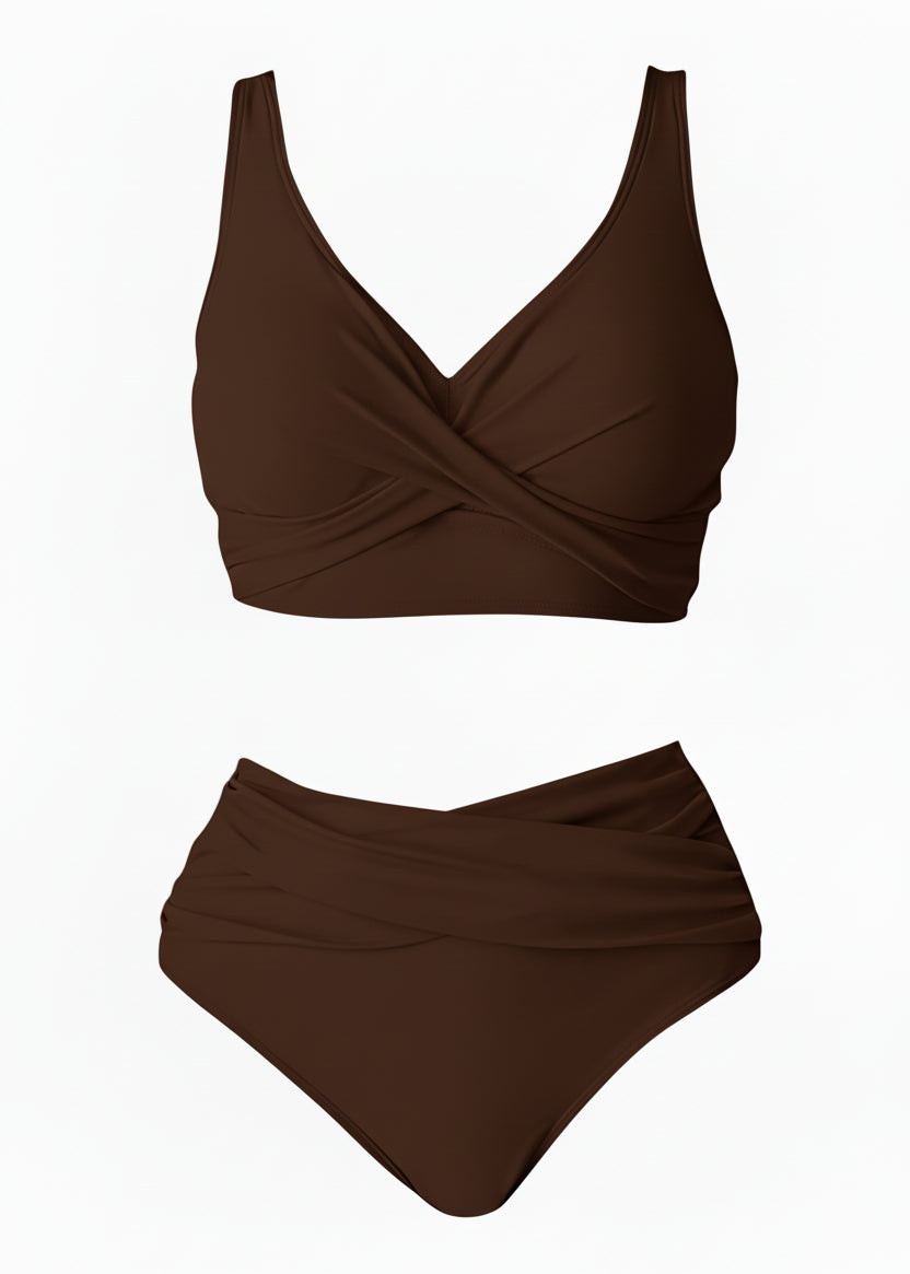 Double Ruched High Waisted Cross Over Bikini Set - Brown-Cheekkah