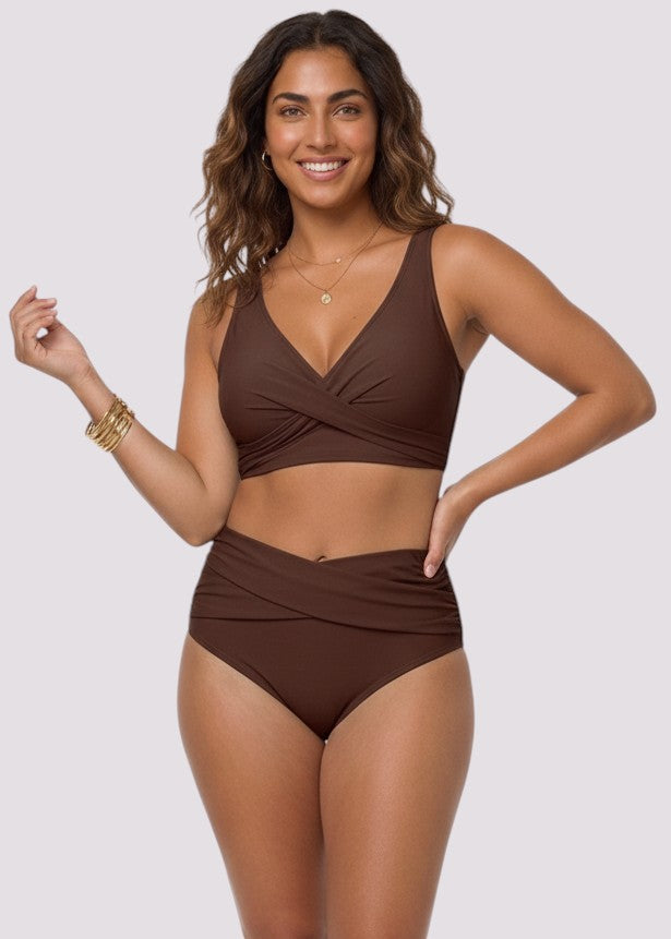 Double Ruched High Waisted Cross Over Bikini Set - Brown-Cheekkah