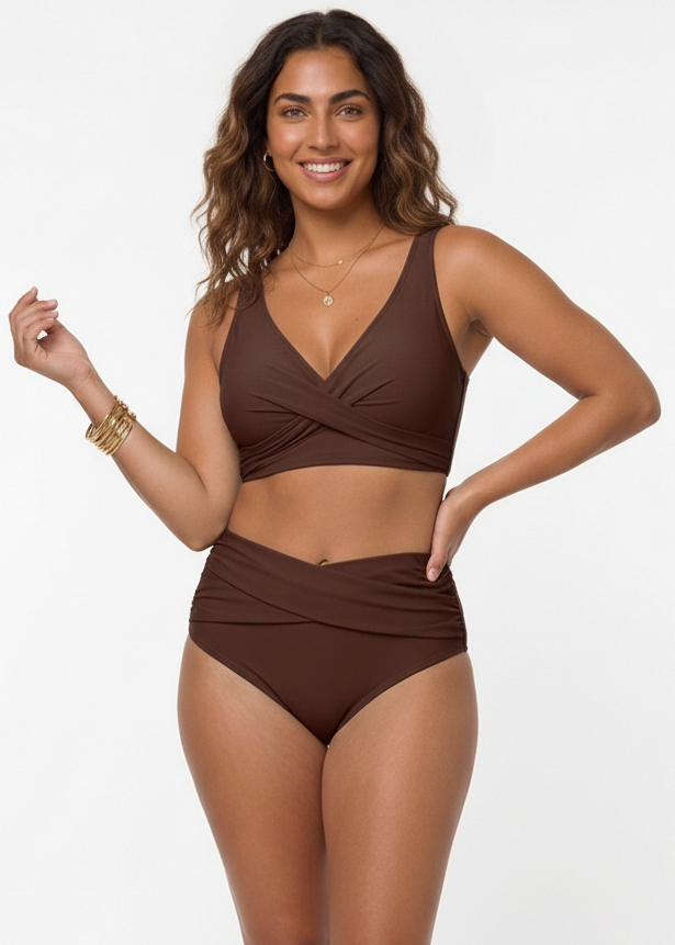 Double Ruched High Waisted Cross Over Bikini Set - Brown-Cheekkah