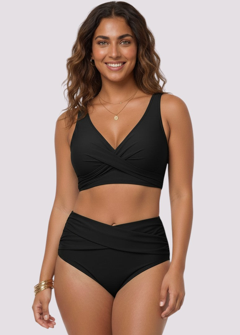 Double Ruched High Waisted Cross Over Bikini Set - Black-Cheekkah