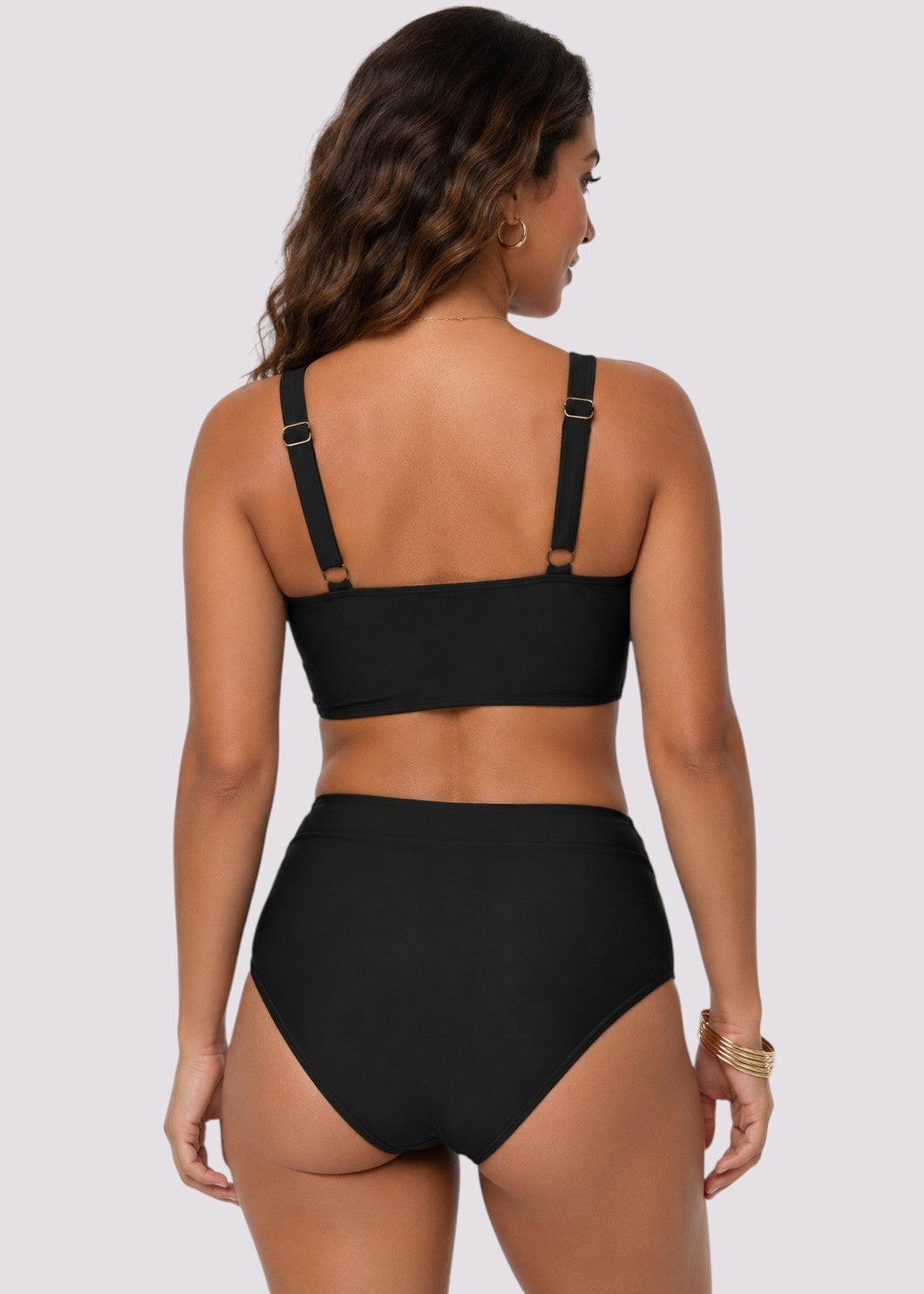 Double Ruched High Waisted Cross Over Bikini Set - Black-Cheekkah