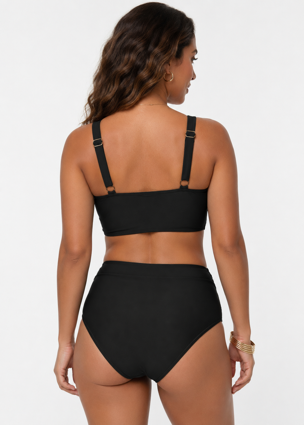 Double Ruched High Waisted Cross Over Bikini Set - Black-Cheekkah