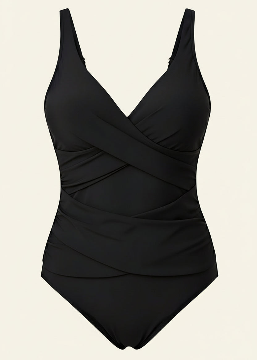 Double Ruche Cross-Over One Piece - Black