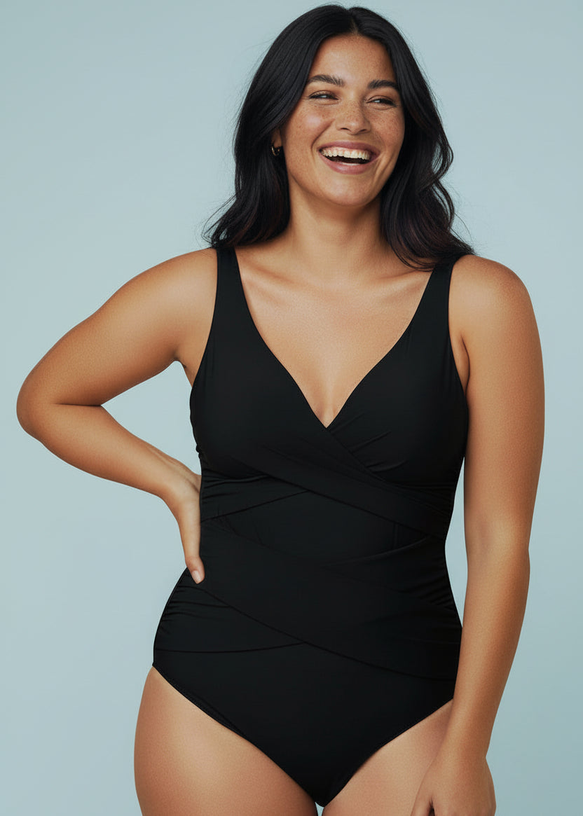 Double Ruche Cross-Over One Piece - Black