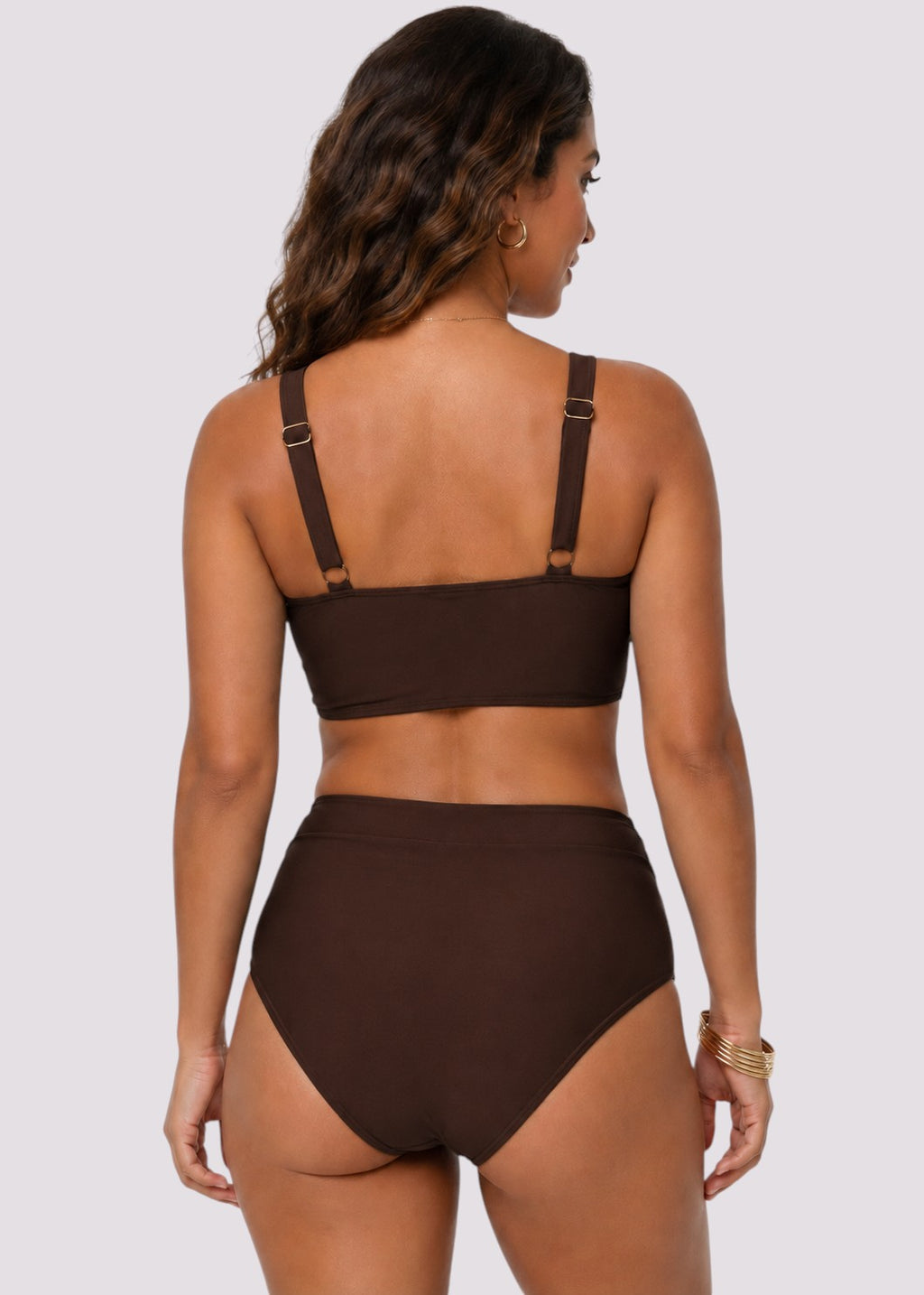 Double Ruched High Waisted Cross Over Bikini Set - Brown-Cheekkah
