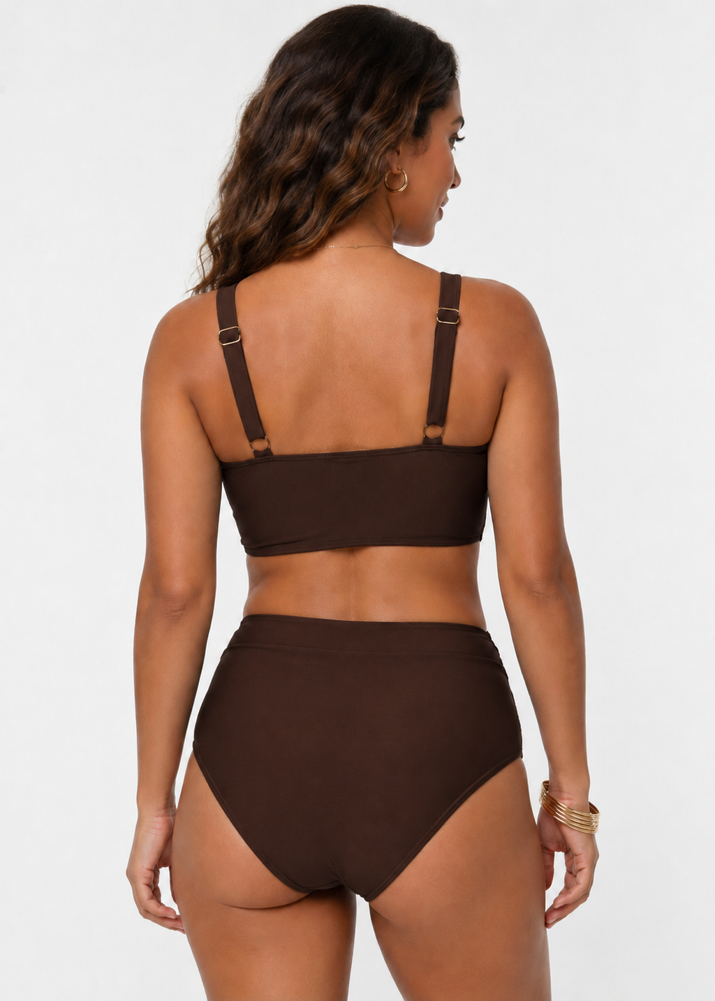 Double Ruched High Waisted Cross Over Bikini Set - Brown-Cheekkah
